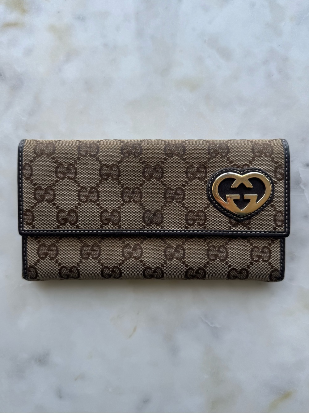 Gucci Lovely Heart GG Canvas Continental Wallet Beige Brown